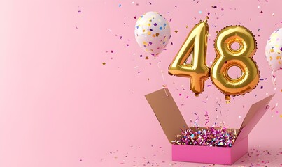 Happy birthday 48th with golden balloons and gift box on a pink background