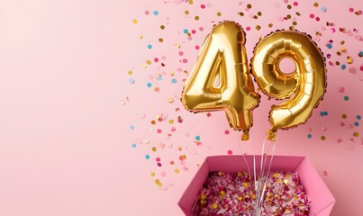 Happy birthday 49th with golden balloons and gift box on a pink background