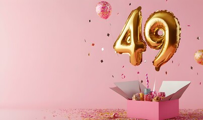 Happy birthday 49th with golden balloons and gift box on a pink background