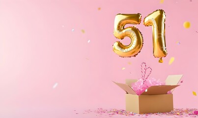 Happy birthday 51th with golden balloons and gift box on a pink background