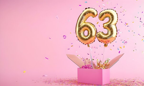 Happy birthday 63th with golden balloons and gift box on a pink background