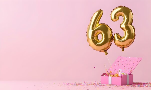 Happy birthday 63th with golden balloons and gift box on a pink background