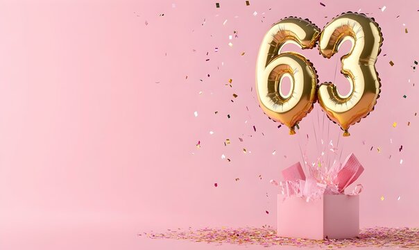 Happy birthday 63th with golden balloons and gift box on a pink background