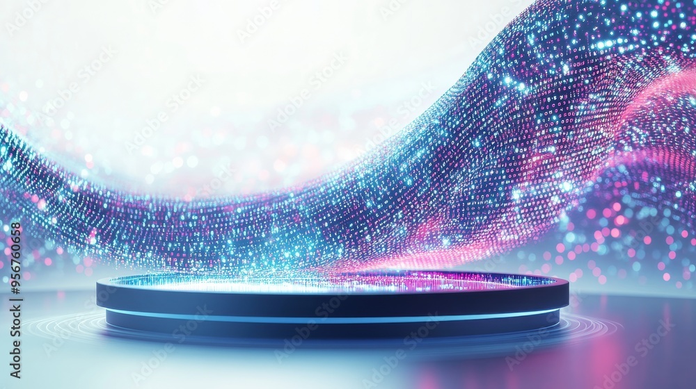 Poster Abstract digital wave background with a glowing platform.