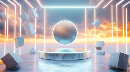 Futuristic Podium with Neon Lights and Abstract Shapes.