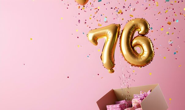 Happy birthday 76th with golden balloons and gift box on a pink background