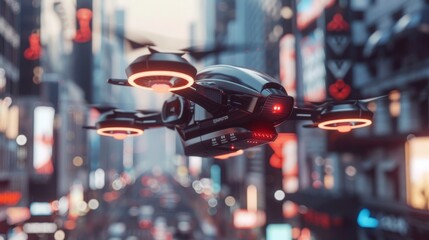 Obraz premium Drone Delivery in a Futuristic City.