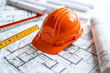 Hard hat, blueprints, and rulers isolated on a bright white backdrop