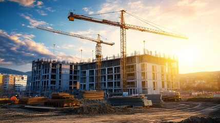 Construction site with cranes, office complex in sunset light, blue sky