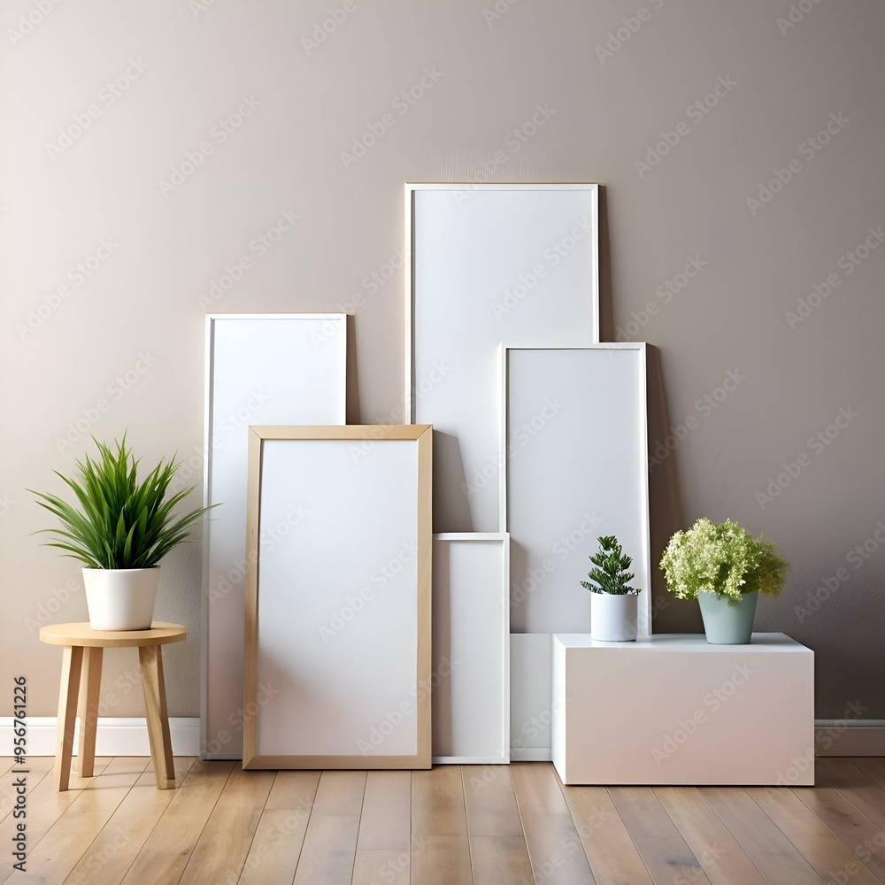 Canvas Prints A stylish and minimal mockup featuring 5 blank frames in various sizes. arranged on a wooden floor with a light brown wall.