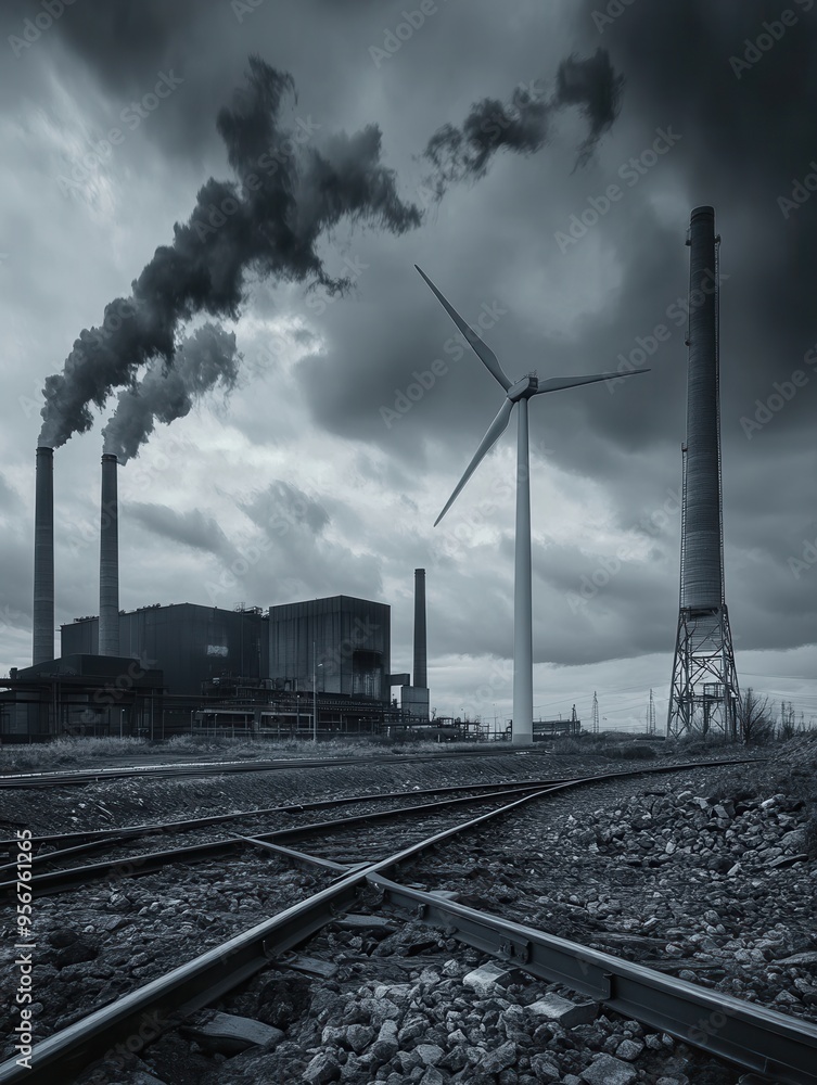 Aufkleber old factories and closed coal mines contrast with modern wind turbines, highlighting the shift to re
