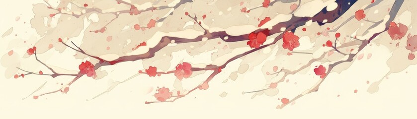Serene Anime-Style Winter Plum Blossoms: Enchanting Snow-Covered Floral Scene for NFT Art, Decor, and Fashion. Cultural Symbol of Resilience and Hope. Ideal for Seasonal Marketing and Bestselling Them