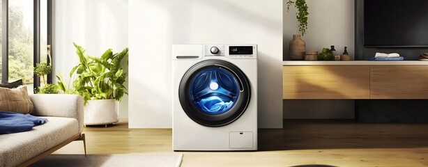 White washing machine in bright living room, modern decor, natural light, wide-angle