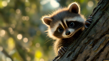 Fototapeta premium close-up of a baby raccoon with big, curious eyes, sitting on a tree branch