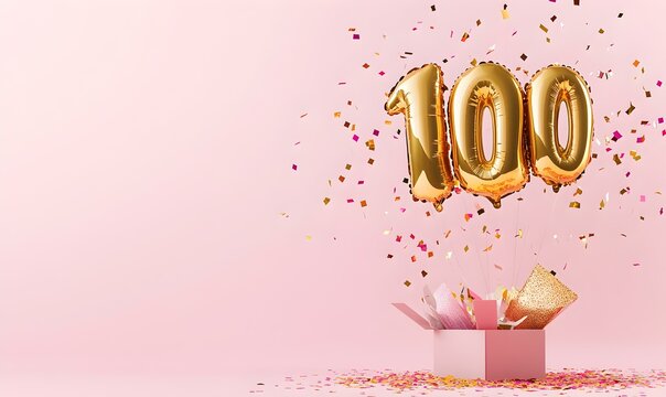 Happy birthday 100th with golden balloons and gift box on a pink background