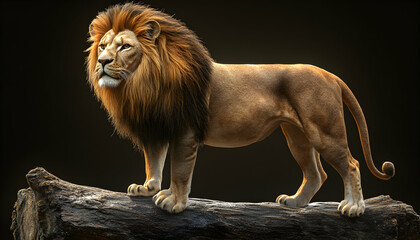 Majestic lion with a powerful gaze standing on a log against a dark background.