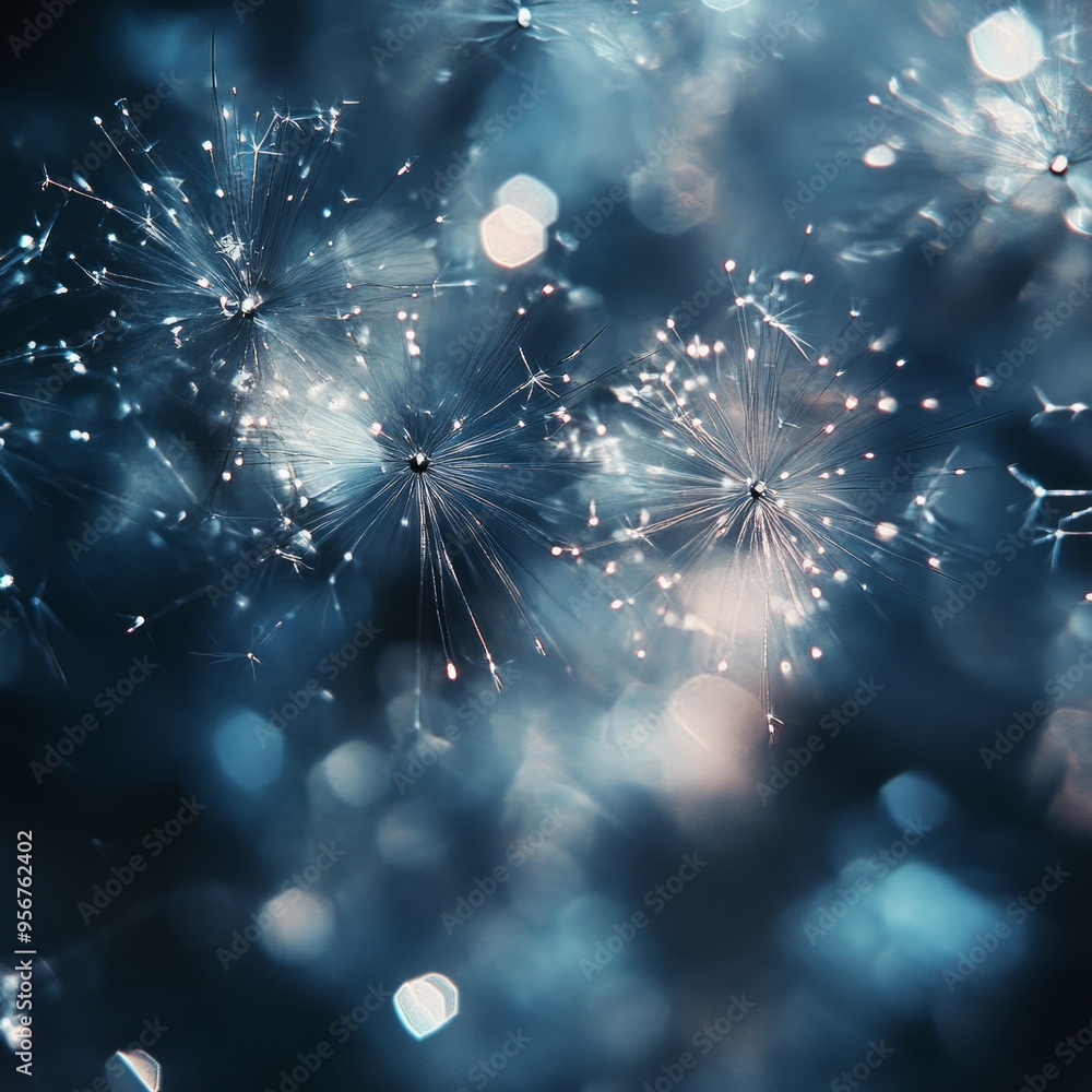 Sticker Close-up of delicate dandelion seeds with water droplets, creating a mesmerizing abstract pattern against a blue bokeh background.