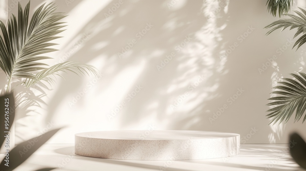 Poster minimalist product display with palm leaf shadows.