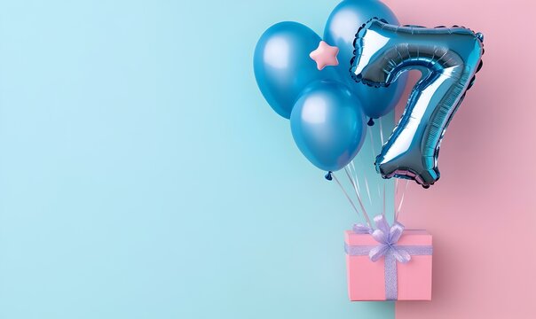 Happy birthday 7th with blue foil balloons and gift box on color background