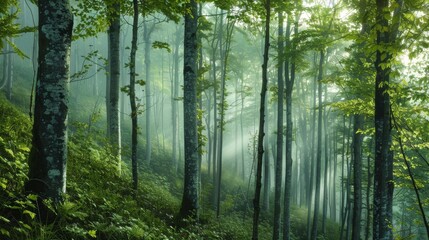 Serene forest with mist and sunlight