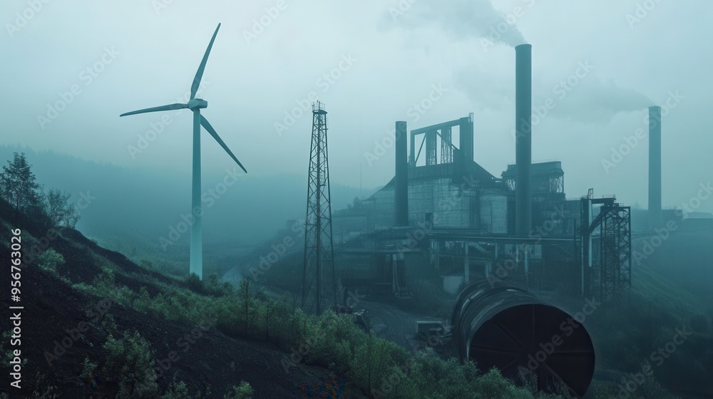 Aufkleber Wind turbines stand tall against the backdrop of abandoned factories and closed coal mines, symbolizing the shift to renewable energy. Generative AI