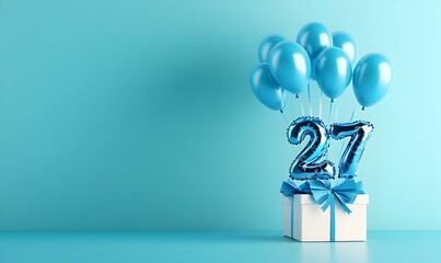Happy birthday 27th with blue foil balloons and gift box on color background