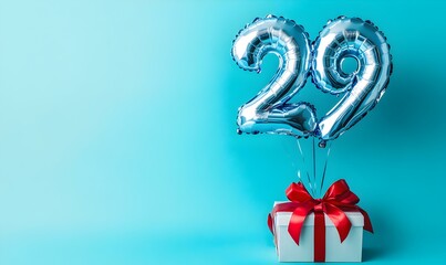 Happy birthday 29th with blue foil balloons and gift box on color background