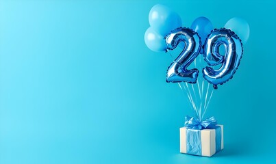 Happy birthday 29th with blue foil balloons and gift box on color background