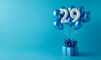 Happy birthday 29th with blue foil balloons and gift box on color background