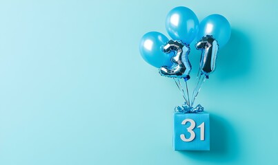 Happy birthday 31th with blue foil balloons and gift box on color background