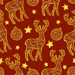 Christmas new year seamless background gold deer ornaments stars, festive holiday print