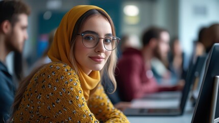 Young woman studying at a computer in a busy learning environment