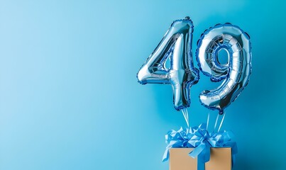 Happy birthday 49th with blue foil balloons and gift box on color background