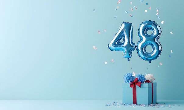 Happy birthday 48th with blue foil balloons and gift box on color background