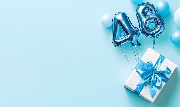 Happy birthday 48th with blue foil balloons and gift box on color background