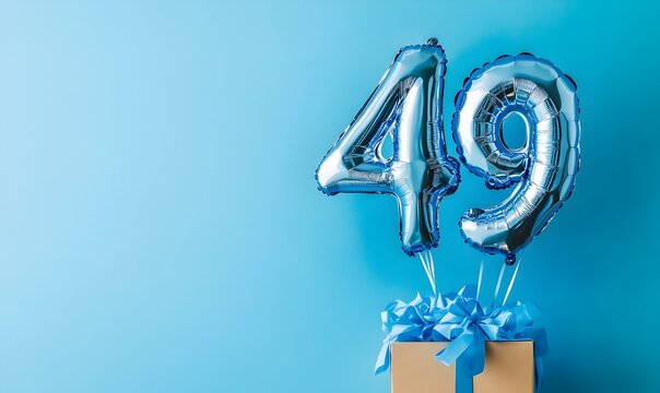 Happy birthday 49th with blue foil balloons and gift box on color background