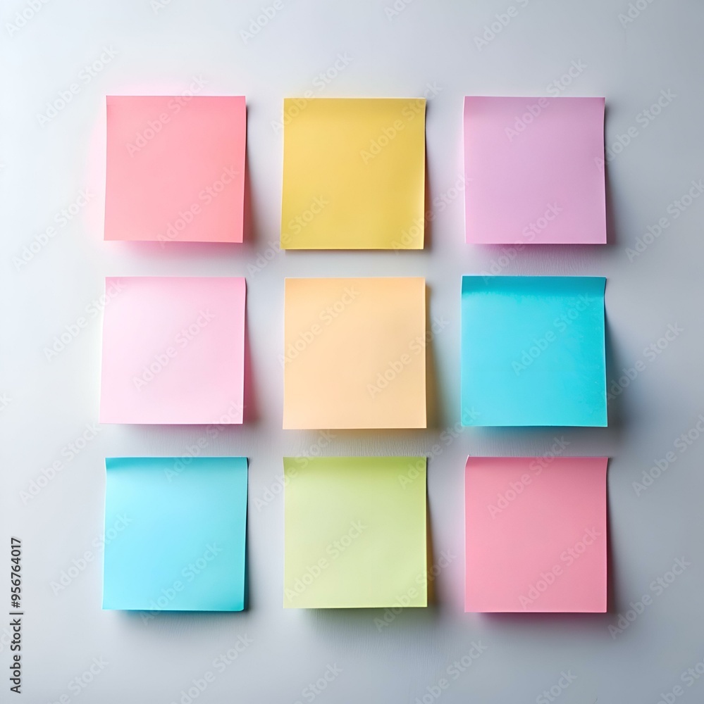Poster a collection of nine colorful sticky notes. arranged in a grid on a white background.