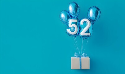 Happy birthday 52th with blue foil balloons and gift box on color background