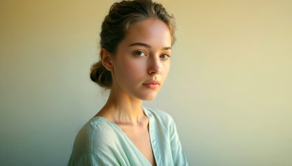 Minimalist portrait of a woman with a serene expression, soft pastel colors, style simple and elegant, mood peaceful and content, lighting soft and diffused, close-up view. Model. 9