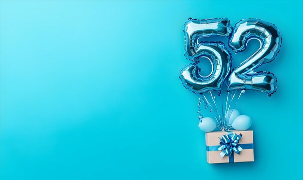 Happy birthday 52th with blue foil balloons and gift box on color background