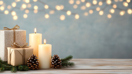 A cozy holiday table setting featuring candles, pinecones, and beautifully wrapped gifts creates warm atmosphere.
