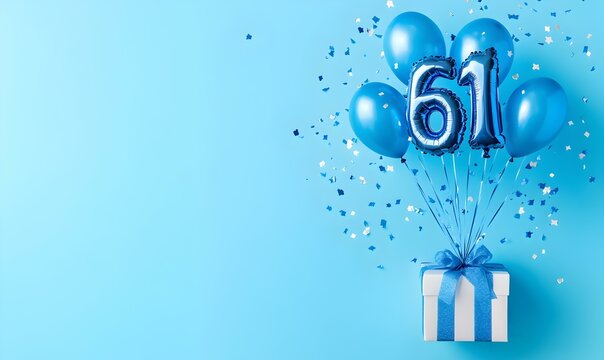 Happy birthday 61th with blue foil balloons and gift box on color background