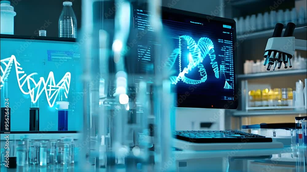 Poster a modern laboratory desk featuring a computer displaying a glowing dna model with glassware in the f