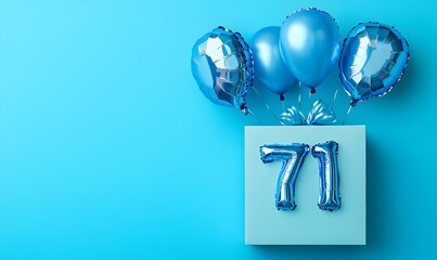 Happy birthday 71th with blue foil balloons and gift box on color background