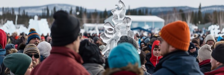 Obraz premium A large crowd gathers around intricately carved ice sculptures at an outdoor winter festival, capturing the communal spirit and appreciation for art in the cold.