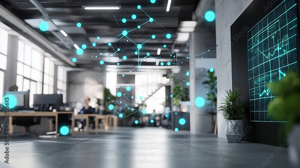 Aufkleber modern office space showcasing technology and data visualization in a collaborative environment duri