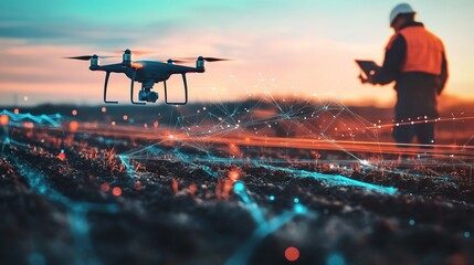 Aerial drone surveying agricultural field at sunset while a worker analyzes data on a tablet in open terrain