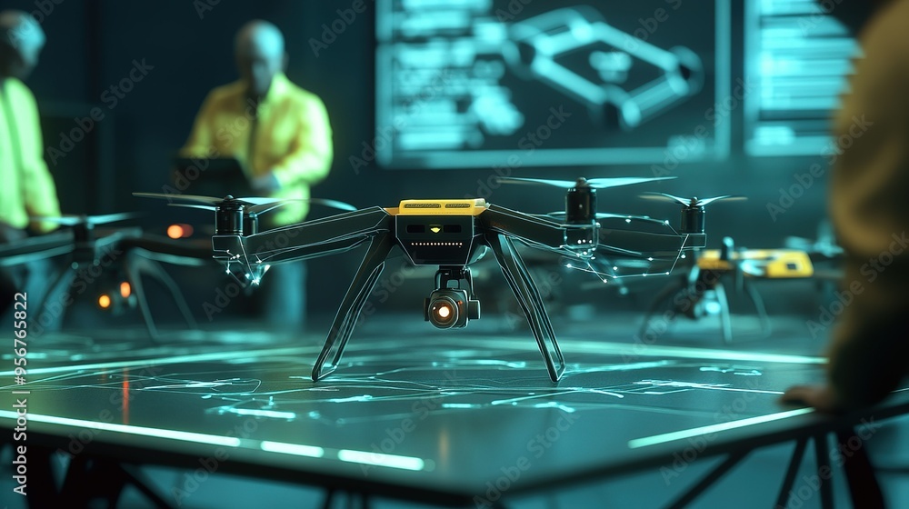 Poster advanced drone technology demonstration in a high-tech command center during a strategic planning se
