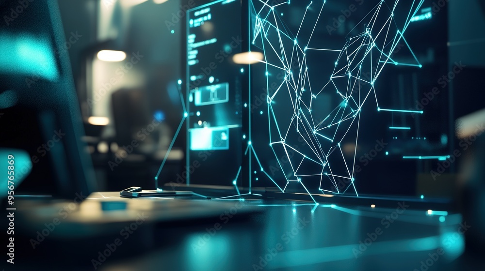 Poster futuristic digital workspace with glowing network data visualization and advanced technology at nigh