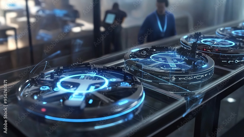 Poster high-tech drones displayed in a futuristic exhibition space with glowing features and engaging visit